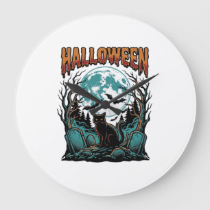 Halloween Cat Graveyard Vintage Engraving Shirt_1 Large Clock