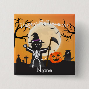 Halloween Cat Grim Reaper 15 Cm Square Badge