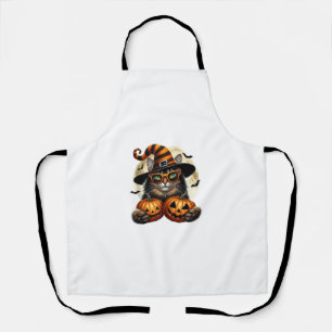 Halloween Cat Holding Pumpkin Bats Spooky Season C Apron