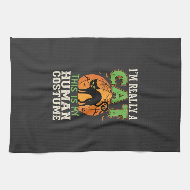 Halloween Cat Human Costume Funny Design Tea Towel (Horizontal)