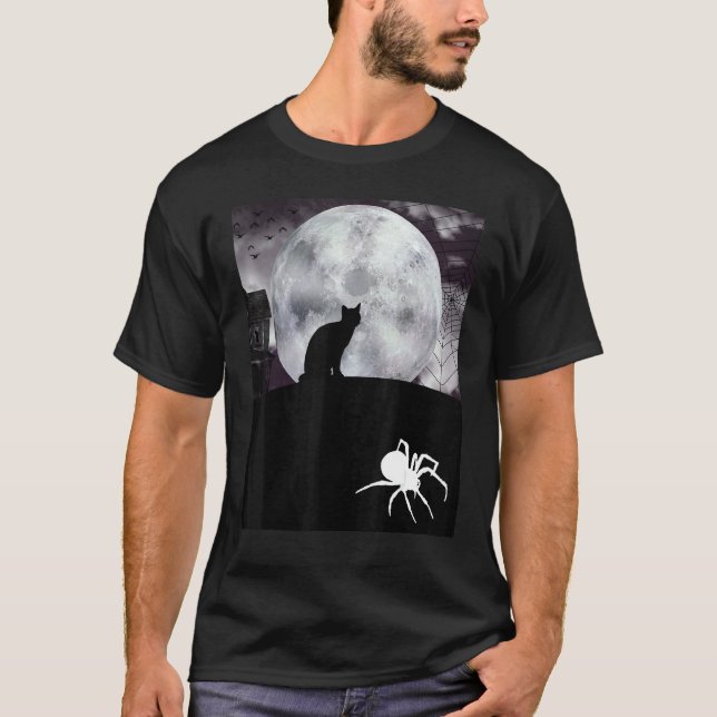Halloween Cat In Front Of Dark Moon While Spider L T-Shirt (Front)