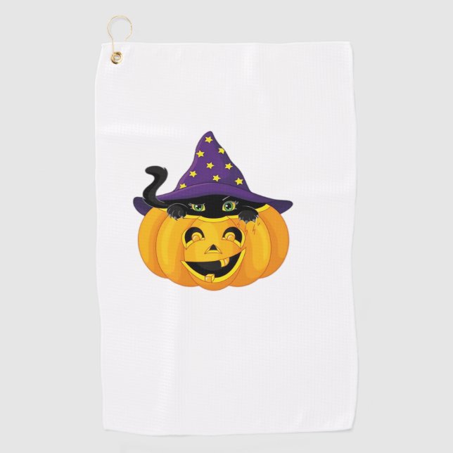 Halloween Cat in Pumpkin – Cute Black Kitten Stick Golf Towel (Front)