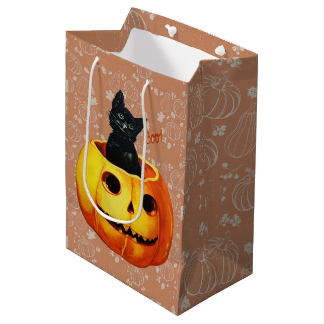 Halloween Cat in Pumpkin Medium Gift Bag (Front Angled)