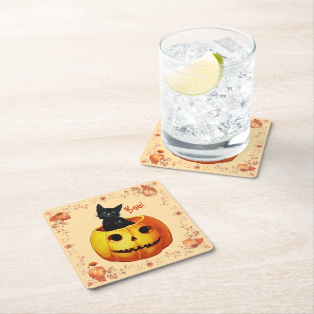 Halloween Cat in Pumpkin Pillow Square Paper Coaster (Insitu)