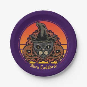 Halloween Cat in Witch Hat Abra Cadabra Vintage Paper Plate