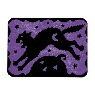 HALLOWEEN CAT JUMPING OVER PUMPKIN, BLACK & PURPLE MAGNET