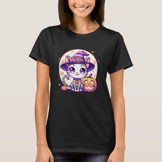 Halloween Cat Kitten Skeleton Witch Pumpkin Jack o T-Shirt (Front)