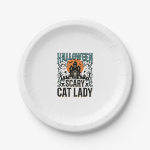 Halloween Cat Lady Scary Haunted House Vintage_1 Paper Plate