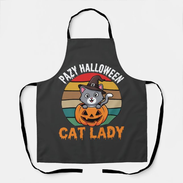Halloween Cat Lady Witch Pumpkin Retro Design Apron (Front)