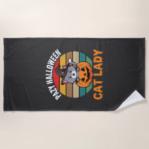 Halloween Cat Lady Witch Pumpkin Retro Design Beach Towel