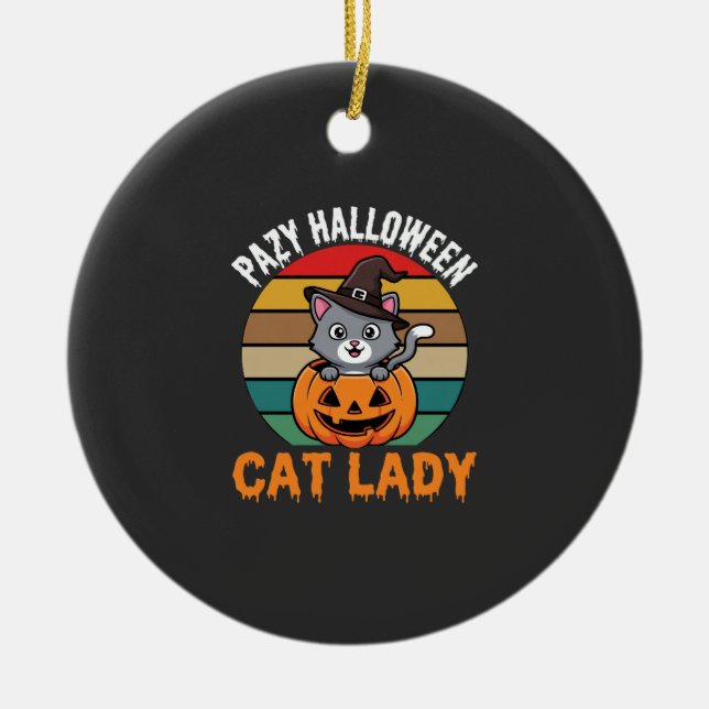Halloween Cat Lady Witch Pumpkin Retro Design Ceramic Tree Decoration (Front)