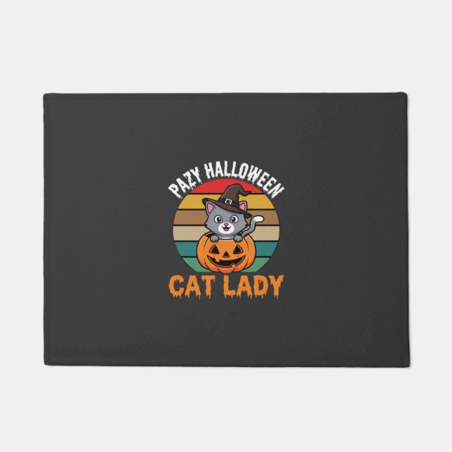 Halloween Cat Lady Witch Pumpkin Retro Design Doormat (Front)