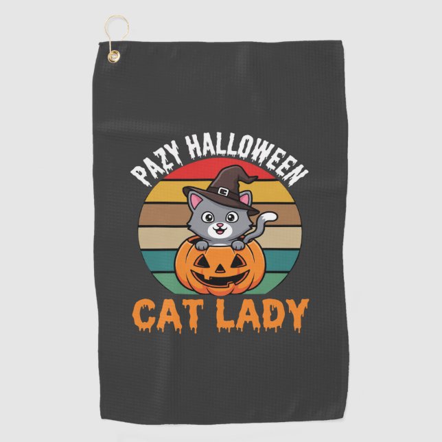 Halloween Cat Lady Witch Pumpkin Retro Design Golf Towel (Front)