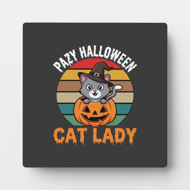 Halloween Cat Lady Witch Pumpkin Retro Design Plaque (Front)
