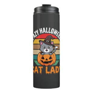 Halloween Cat Lady Witch Pumpkin Retro Design Thermal Tumbler