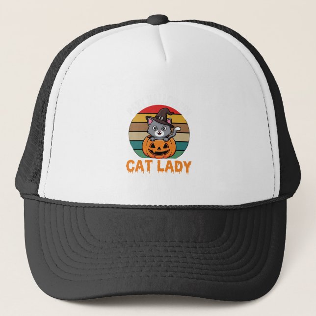 Halloween Cat Lady Witch Pumpkin Retro Design Trucker Hat (Front)