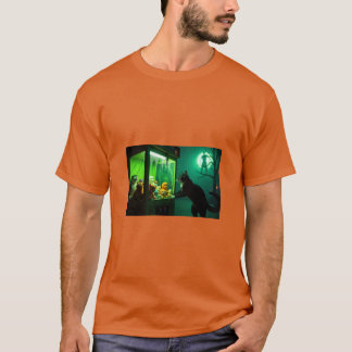 Halloween cat looking at claw machine t-shirt
