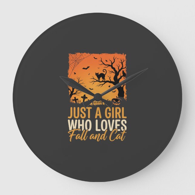 Halloween Cat Lover Fall Sunset Graphic Large Clock (Front)