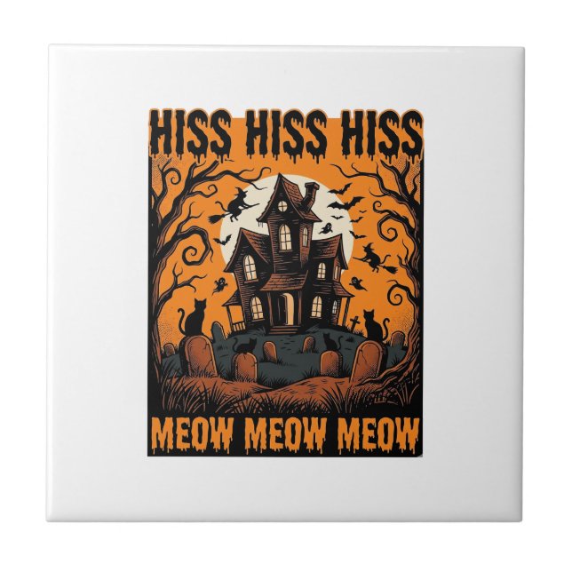 Halloween Cat Meow Spooky Vintage Witch House Tile (Front)
