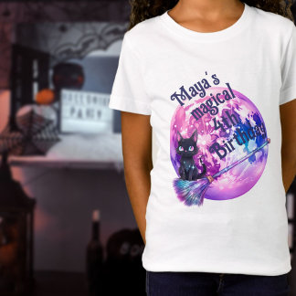 Halloween cat moon and broom pink purple birthday T-Shirt