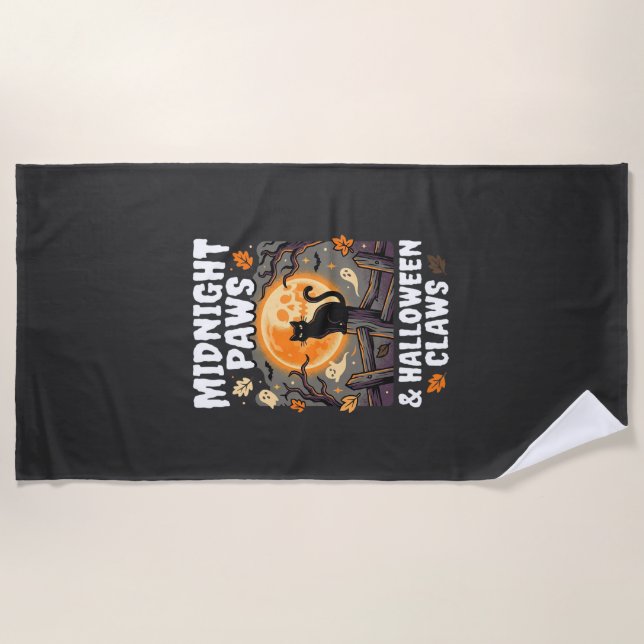 Halloween Cat Moon Mischief Beach Towel (Front)