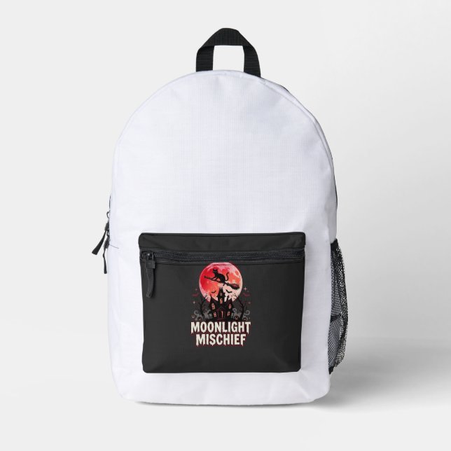 Halloween Cat Moonlight Mischief Printed Backpack (Front)