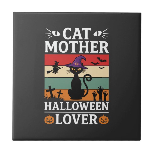 Halloween Cat Mother Lover Retro Witch Design Tile (Front)