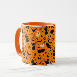 Halloween Cat Mug, Orange Spooky Black Cat Coffee Mug