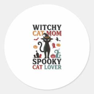 Halloween Cat Mum Vintage Witchy Cat Lover Design_ Classic Round Sticker