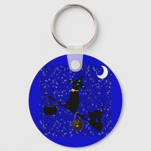 "Halloween Cat On A Broom"* Key Ring