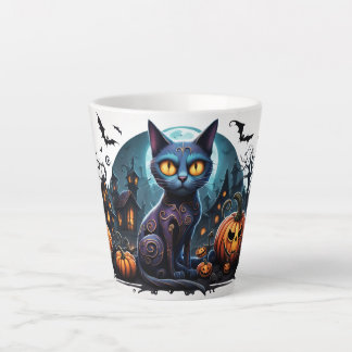 halloween cat on background with pumpkins and bats latte mug