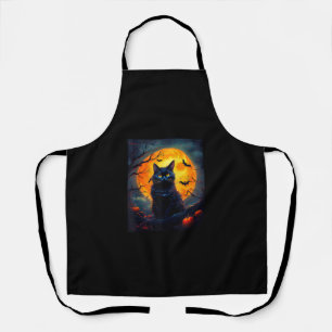 Halloween Cat, Orange Moon, and Bats, and Scary Pu Apron