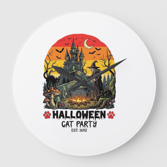 Halloween Cat Party Witch Cauldron Black Cats Haun Large Clock (Front)