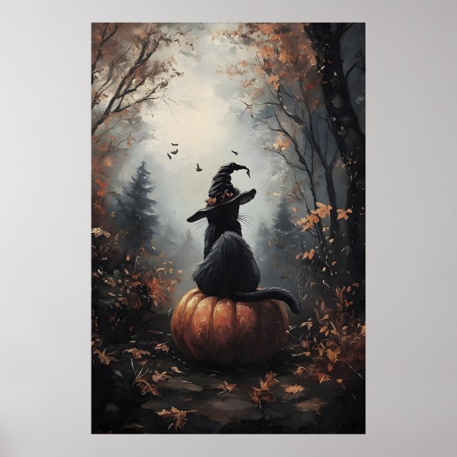Halloween Cat Print, Witch Hat, Pumpkin, Gothic Poster (Front)