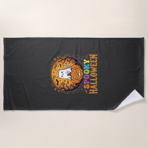 Halloween Cat Pumpkin Moon Vintage Design Beach Towel