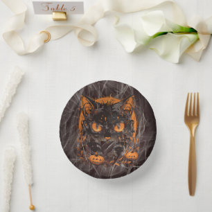 Halloween cat pumpkins paper plate