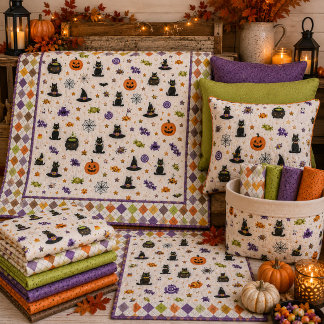 Halloween Cat Pumpkins Witch Hats Purple Orange Fabric