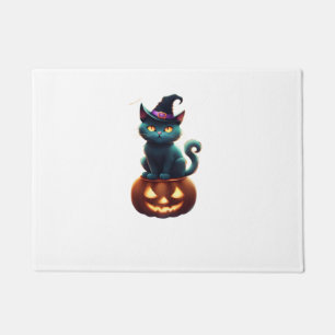 Halloween cat sitting on a pumpkin doormat