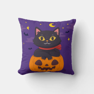 Halloween Cat Sitting on the Pumpkin Moon Star Bat Cushion