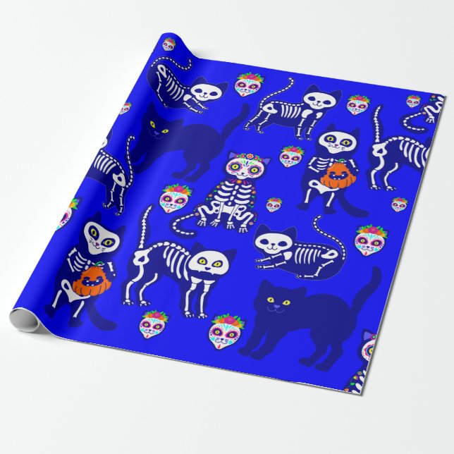 halloween cat skull skeleton blue wrapping paper (Unrolled)