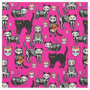 halloween cat skull skeleton pink fabric