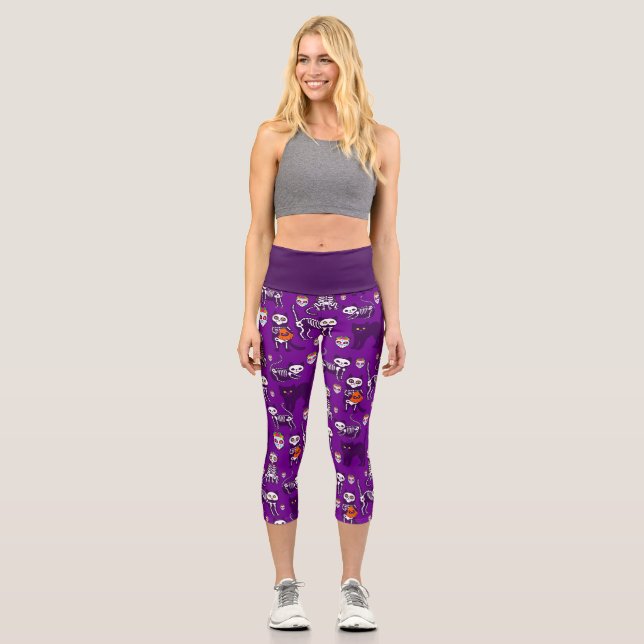 halloween cat skull skeleton purple capri leggings (Front)