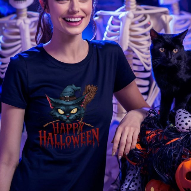 Halloween Cat - Spooky Witch Cat Design  T-Shirt (Happy Halloween Cat Tshirt)