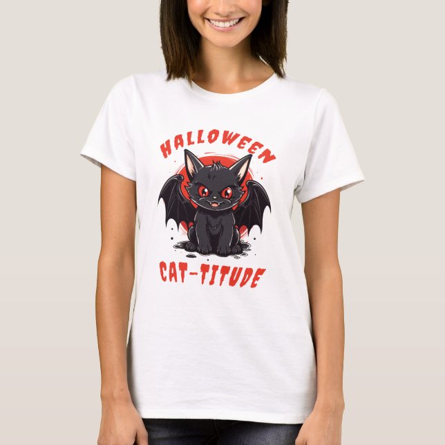 HALLOWEEN CAT-TITUDE CAT BAT  T-Shirt (Front)