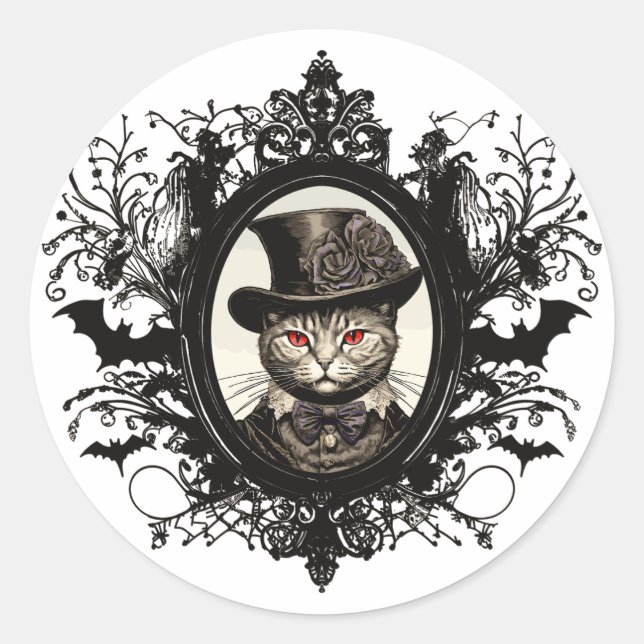 Halloween Cat, Vampire Cat, lady fangs Classic Round Sticker (Front)
