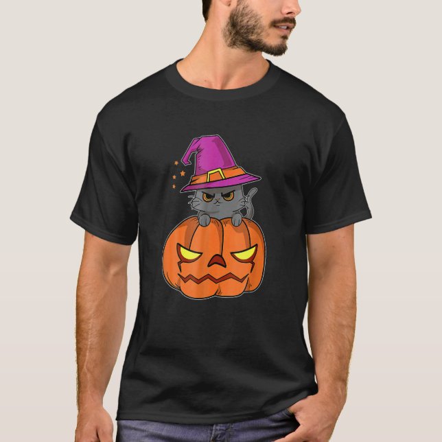 Halloween Cat Wearing A Witch Hat With Pumpkin For T-Shirt (Front)