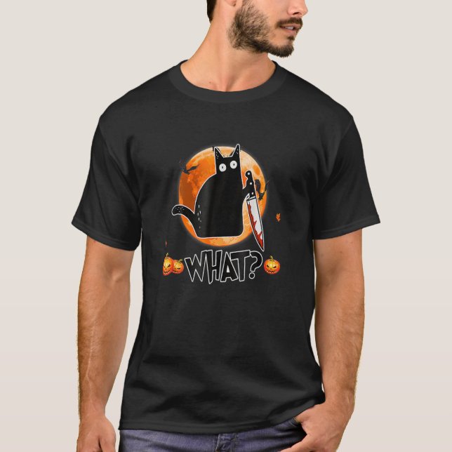 Halloween Cat What  Murderous Black Cat With Knife T-Shirt (Front)