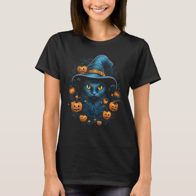Halloween Cat Witch Hat Pumpkin Design T-Shirt (Front)