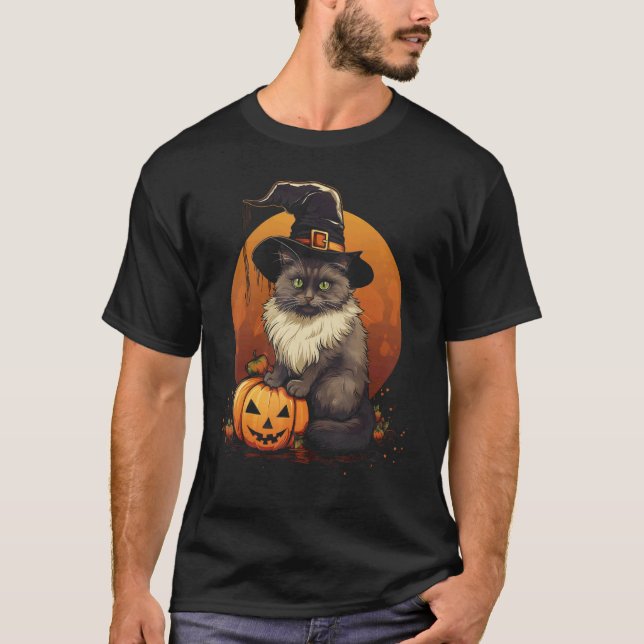 Halloween Cat Witch Hat Pumpkin T-Shirt (Front)