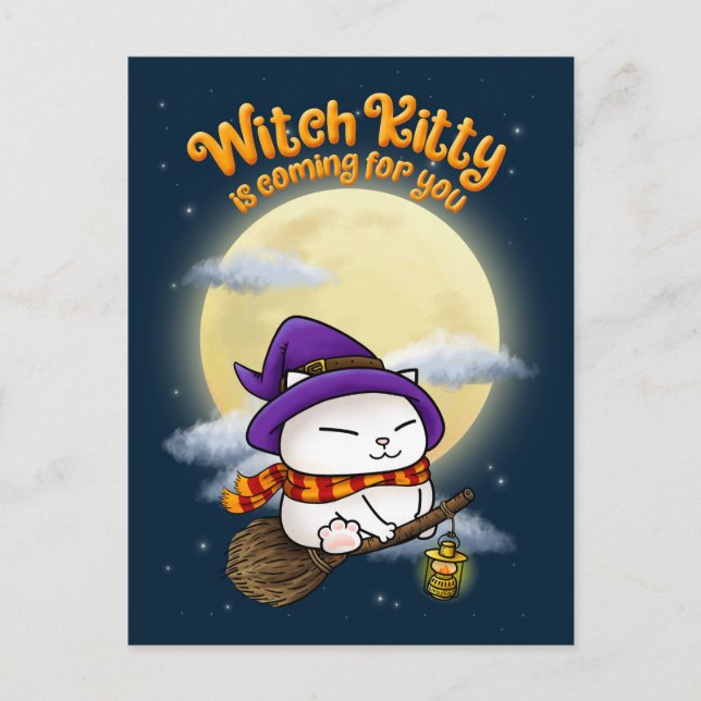 Halloween Cat Witch Kitty Holiday Postcard (Front)